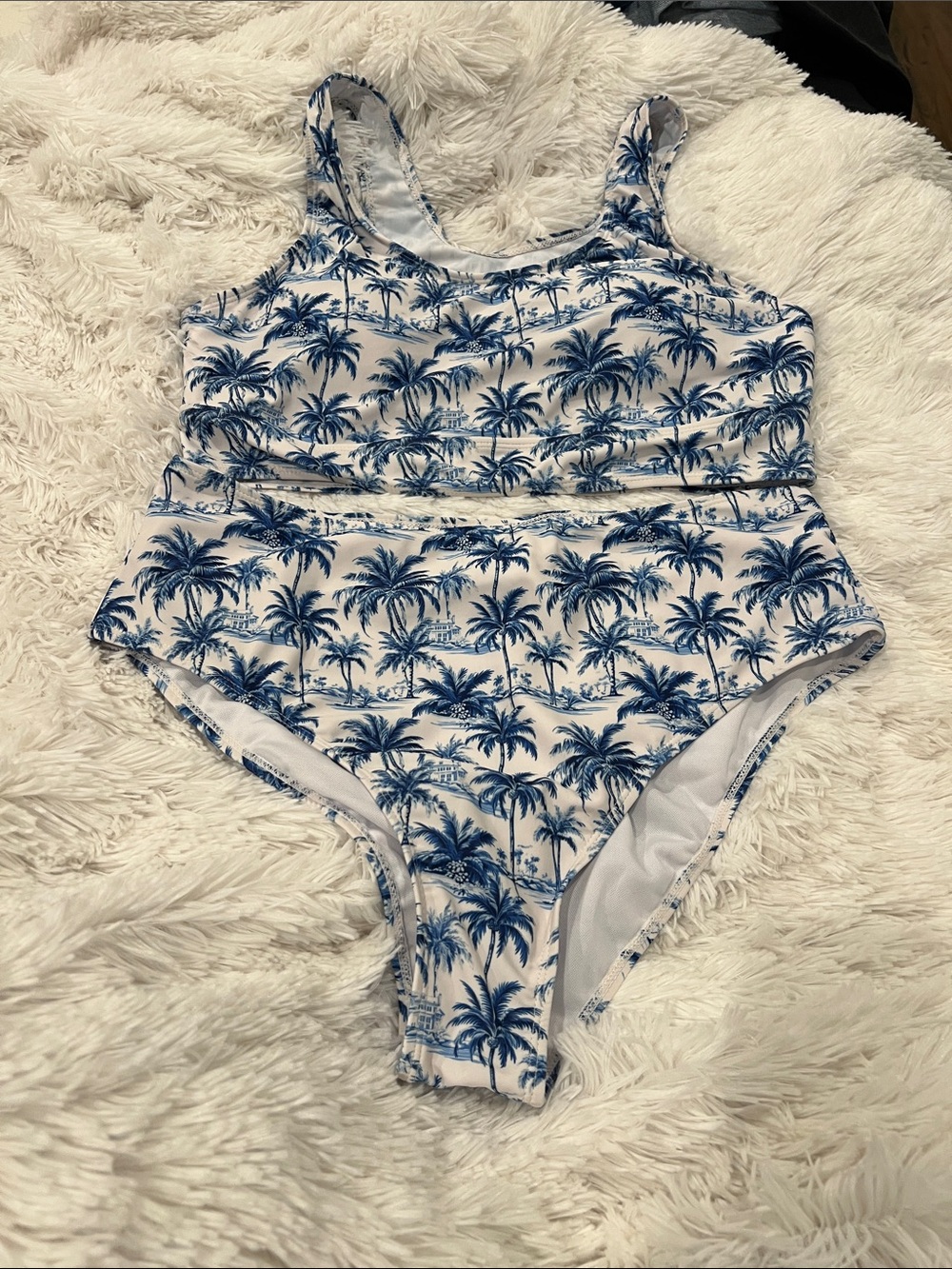 Salty Wave High-Waist Palm Print Bikini Set - Blue & White